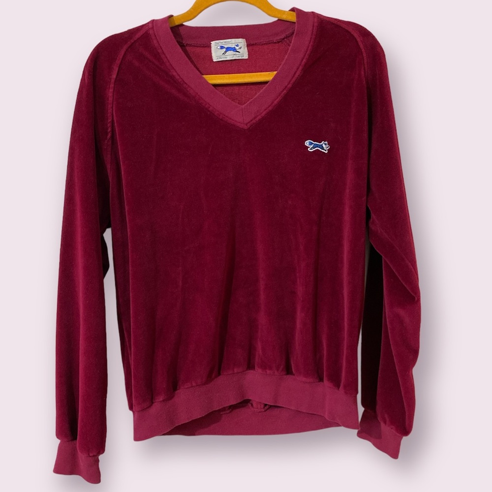 Vintage JC Penny The Fox Velour Burgundy V-Neck Pullover Sweater Large